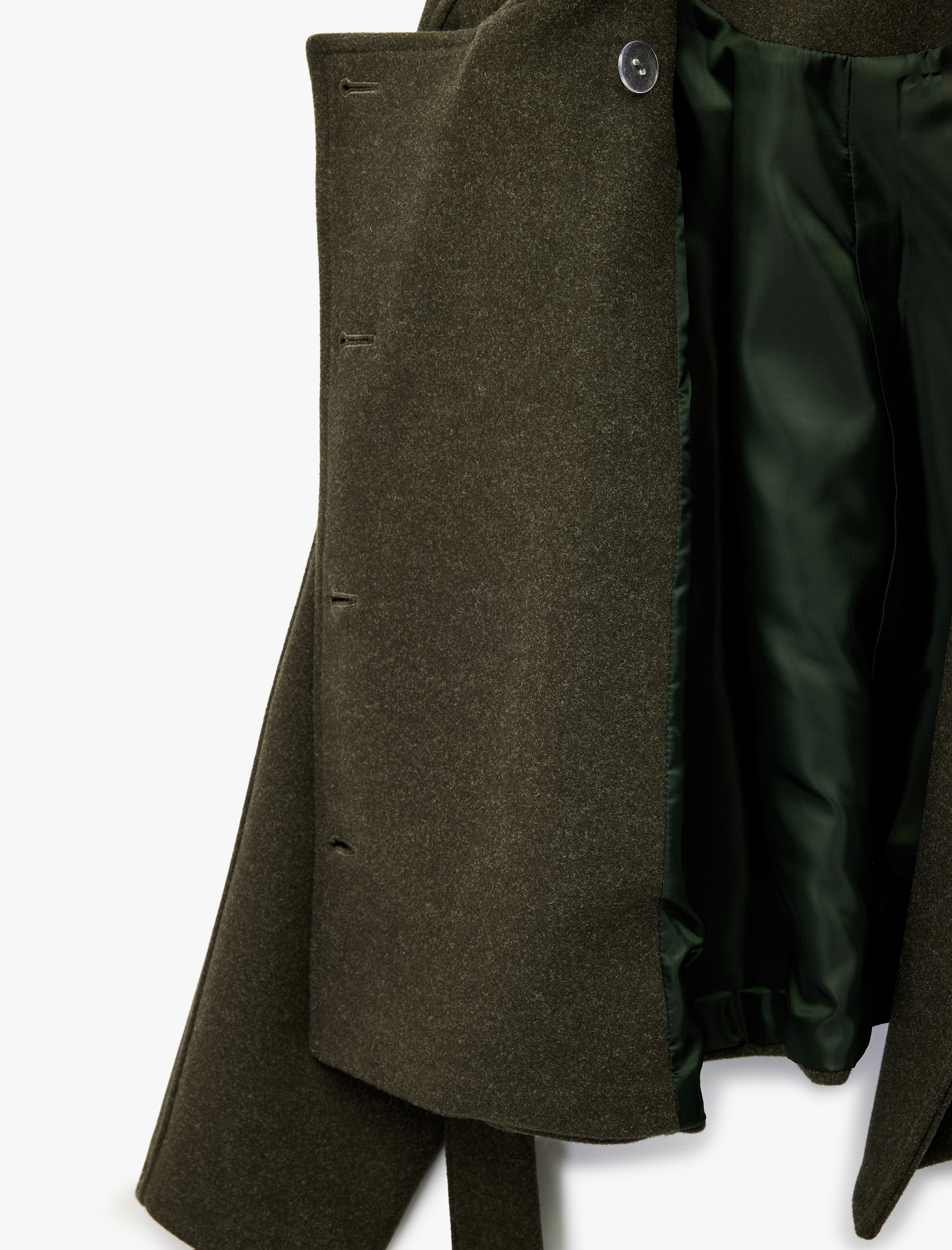   Uzun Kollu Cepli Kruvaze Düğmeli Kemerli Kaşe Kısa Kaban