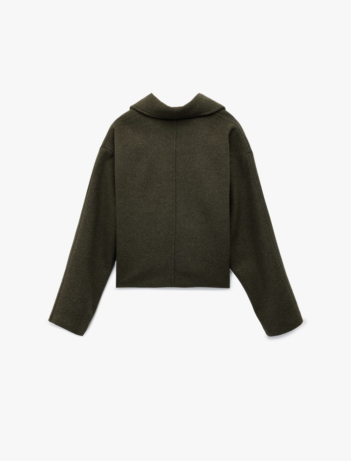  Uzun Kollu Cepli Kruvaze Düğmeli Kemerli Kaşe Kısa Kaban