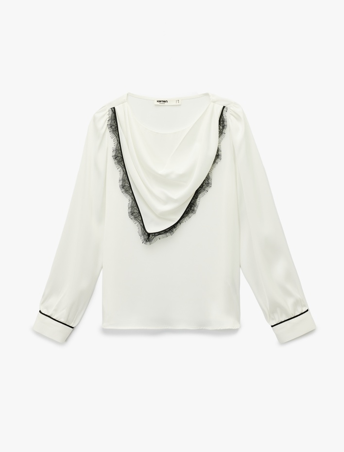  Dantel Detaylı Uzun Kollu Şal Yaka Bluz