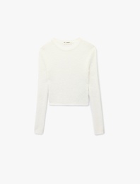 Uzun Kollu Bisiklet Yaka Slim Fit Dokulu Triko Crop Kazak