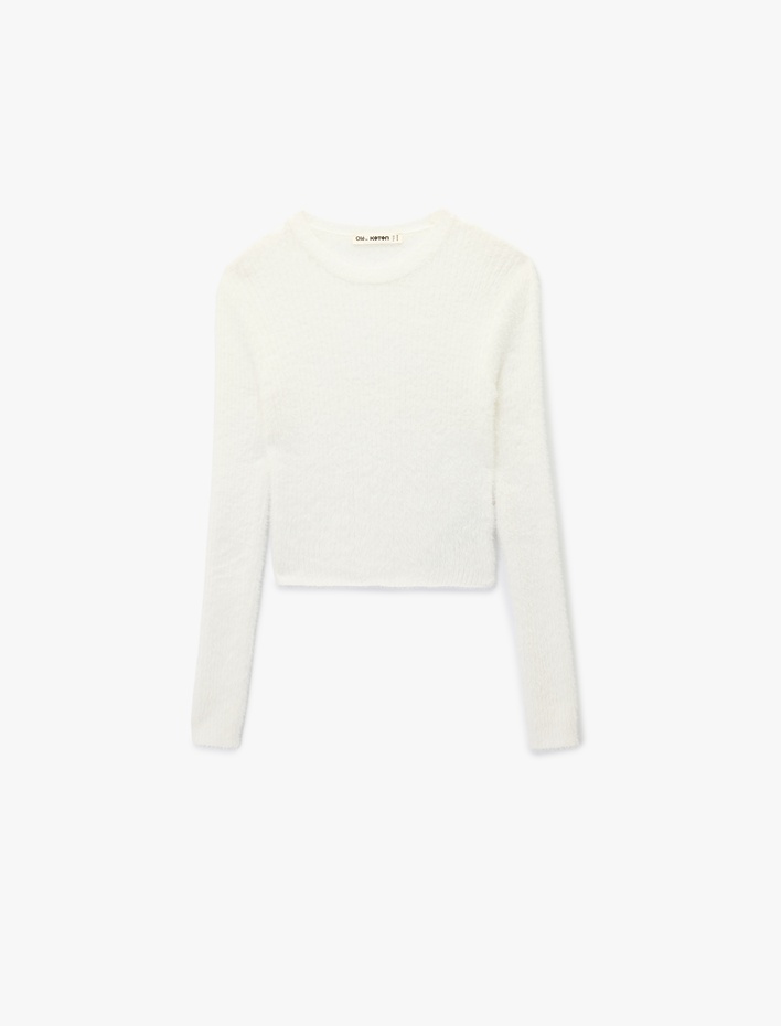  Uzun Kollu Bisiklet Yaka Slim Fit Dokulu Triko Crop Kazak