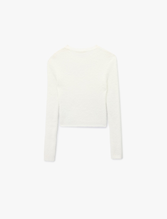  Uzun Kollu Bisiklet Yaka Slim Fit Dokulu Triko Crop Kazak