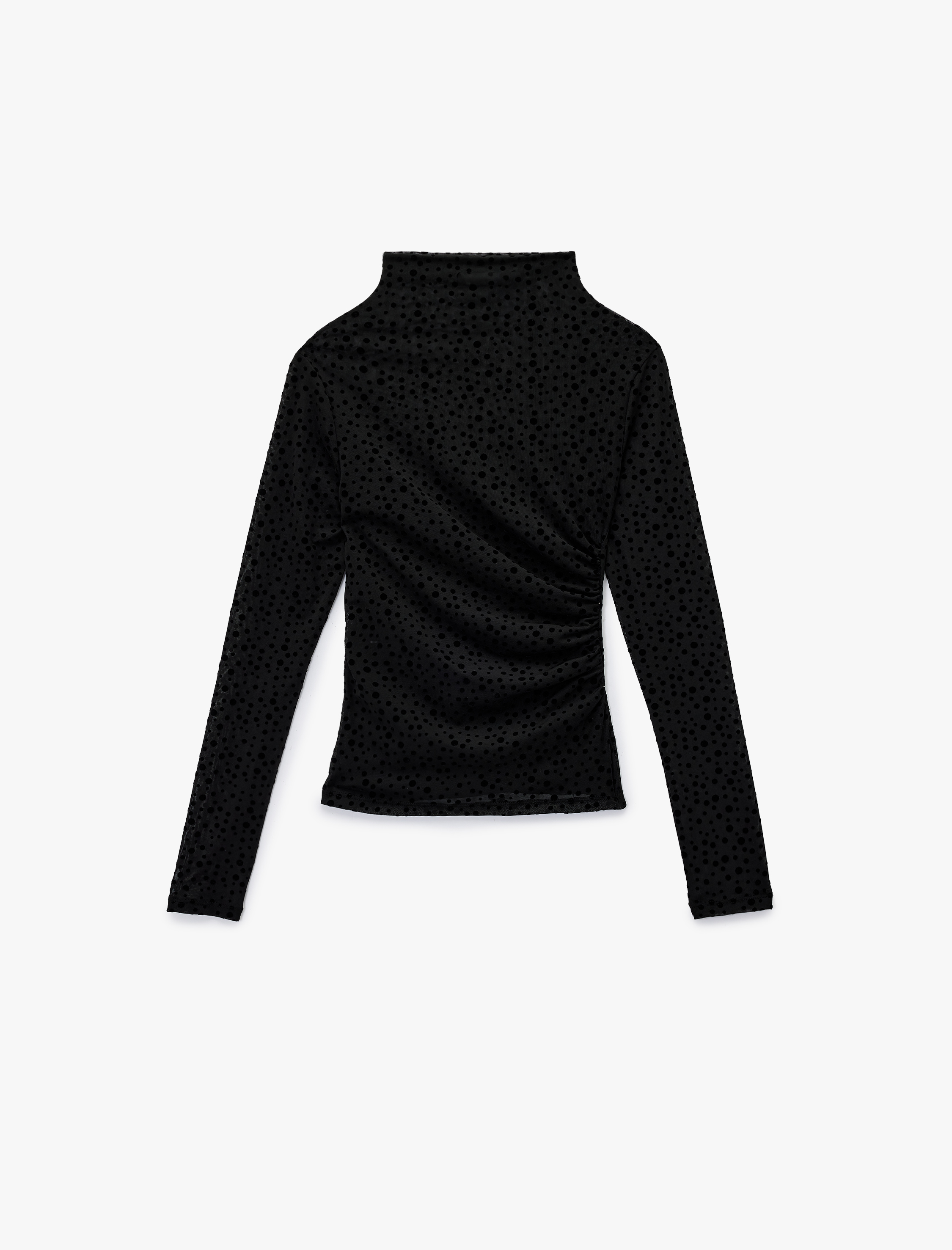   Slim Fit Uzun Kollu Geniş Dik Yaka Puantiyeli Tül Bluz