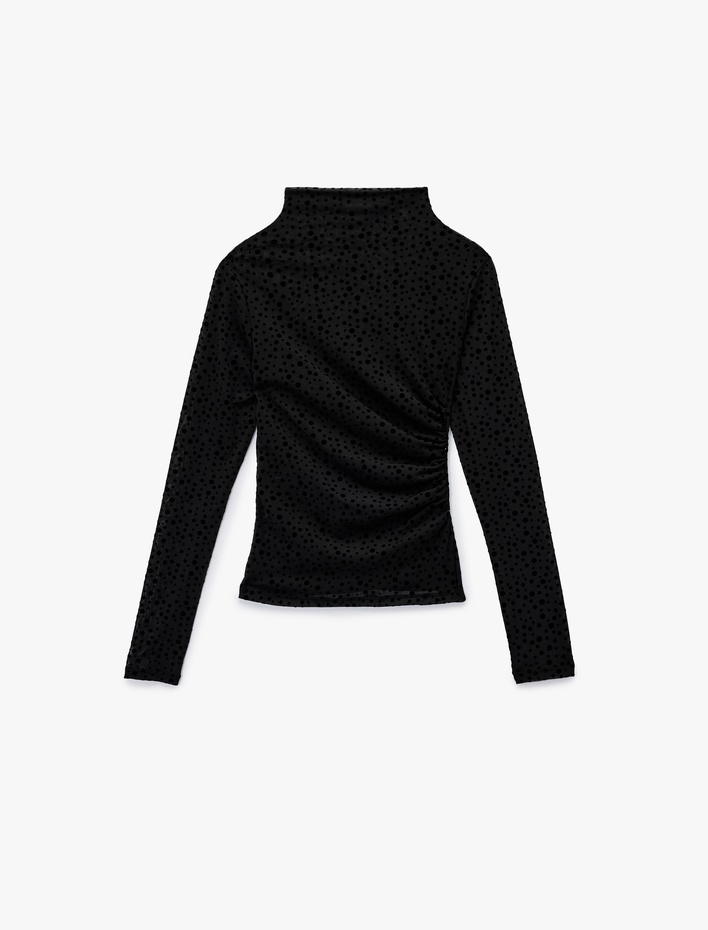  Slim Fit Uzun Kollu Geniş Dik Yaka Puantiyeli Tül Bluz