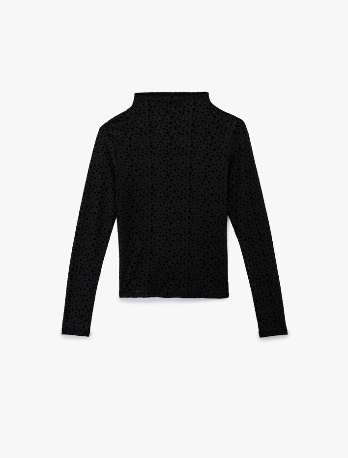  Slim Fit Uzun Kollu Geniş Dik Yaka Puantiyeli Tül Bluz