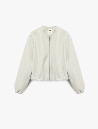 Kaşe Bomber Ceket Crop Bisiklet Yaka Fermuarlı Cepli Uzun Kollu