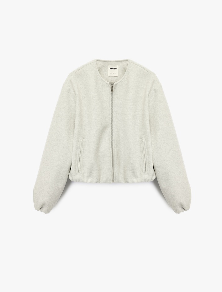  Kaşe Bomber Ceket Crop Bisiklet Yaka Fermuarlı Cepli Uzun Kollu