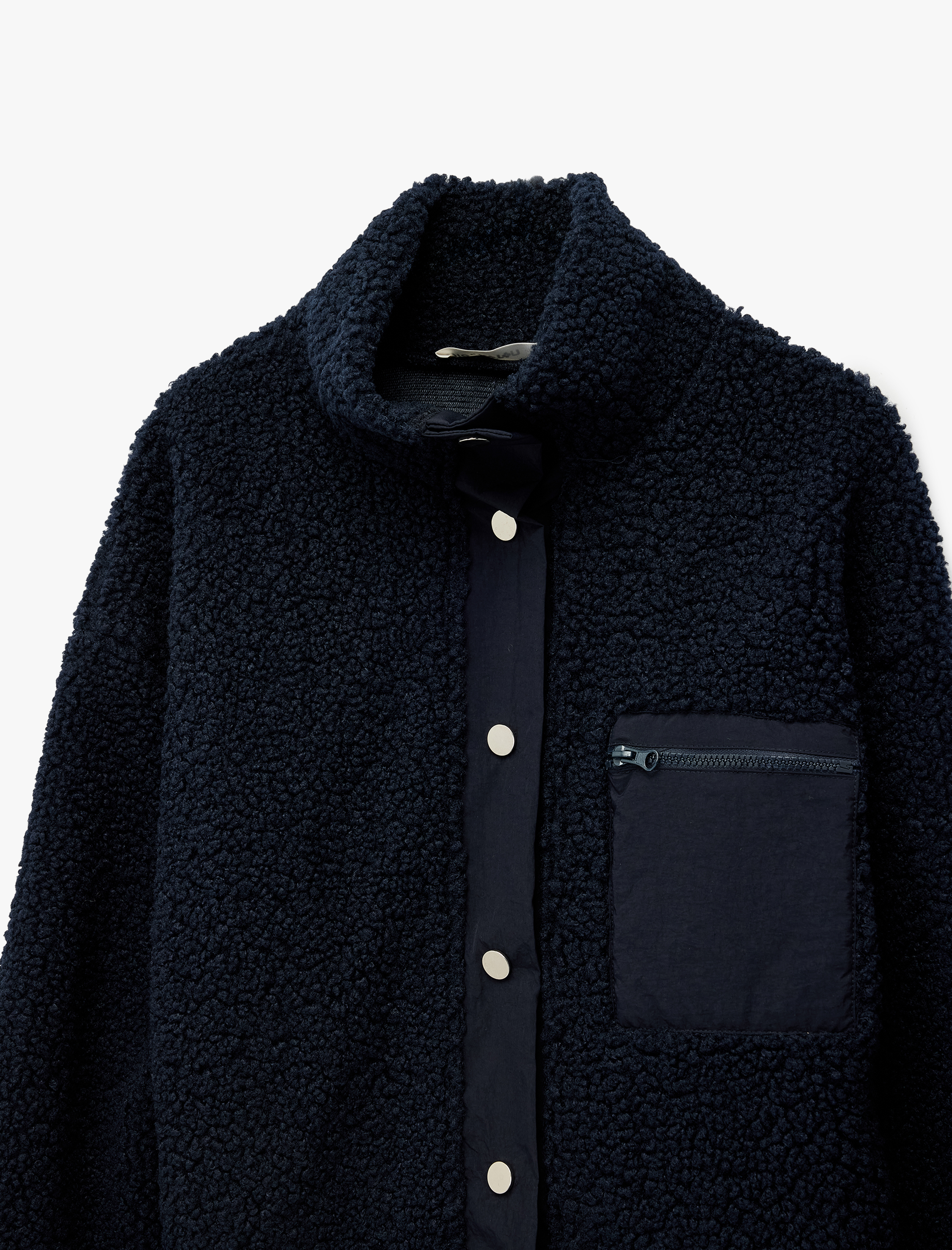   Dik Yaka Fermuar Cep Detaylı Çıtçıt Düğmeli Oversize Peluş Ceket