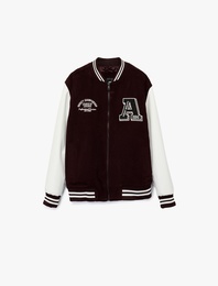 Uzun Kollu Renk Kontrastlı İşlemeli Fermuarlı Kolej Ceket