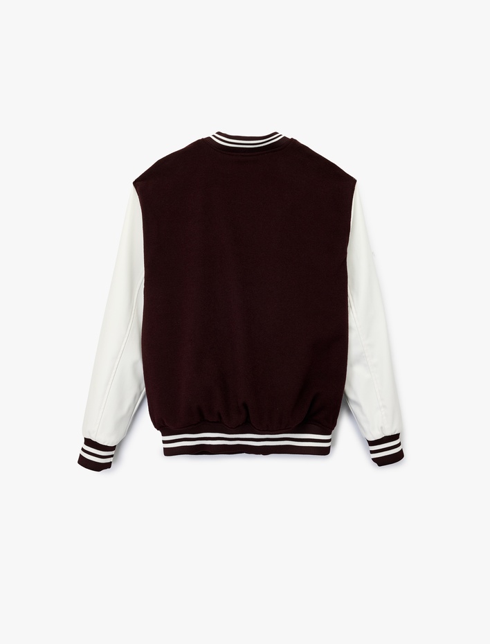  Uzun Kollu Renk Kontrastlı İşlemeli Fermuarlı Kolej Ceket