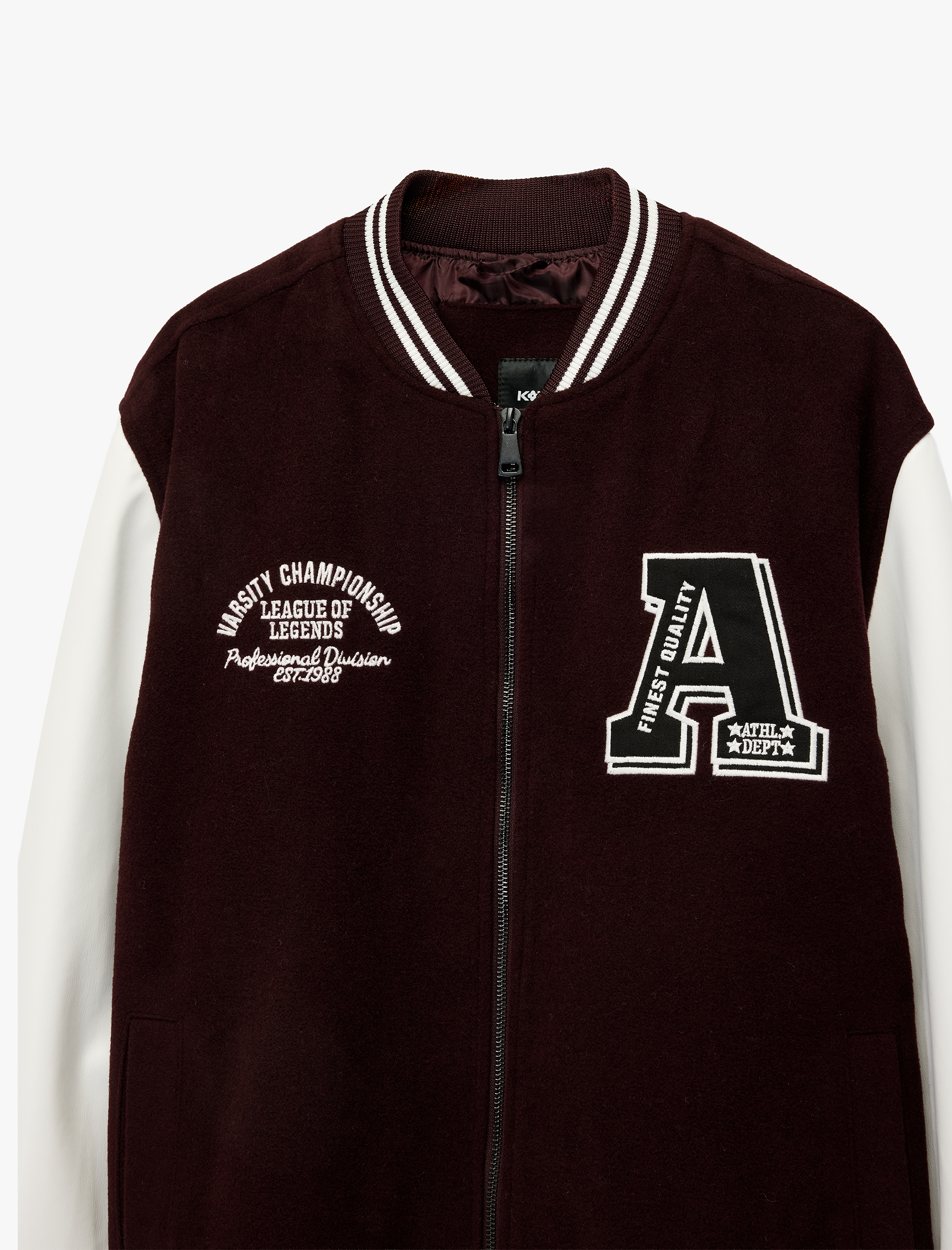   Uzun Kollu Renk Kontrastlı İşlemeli Fermuarlı Kolej Ceket