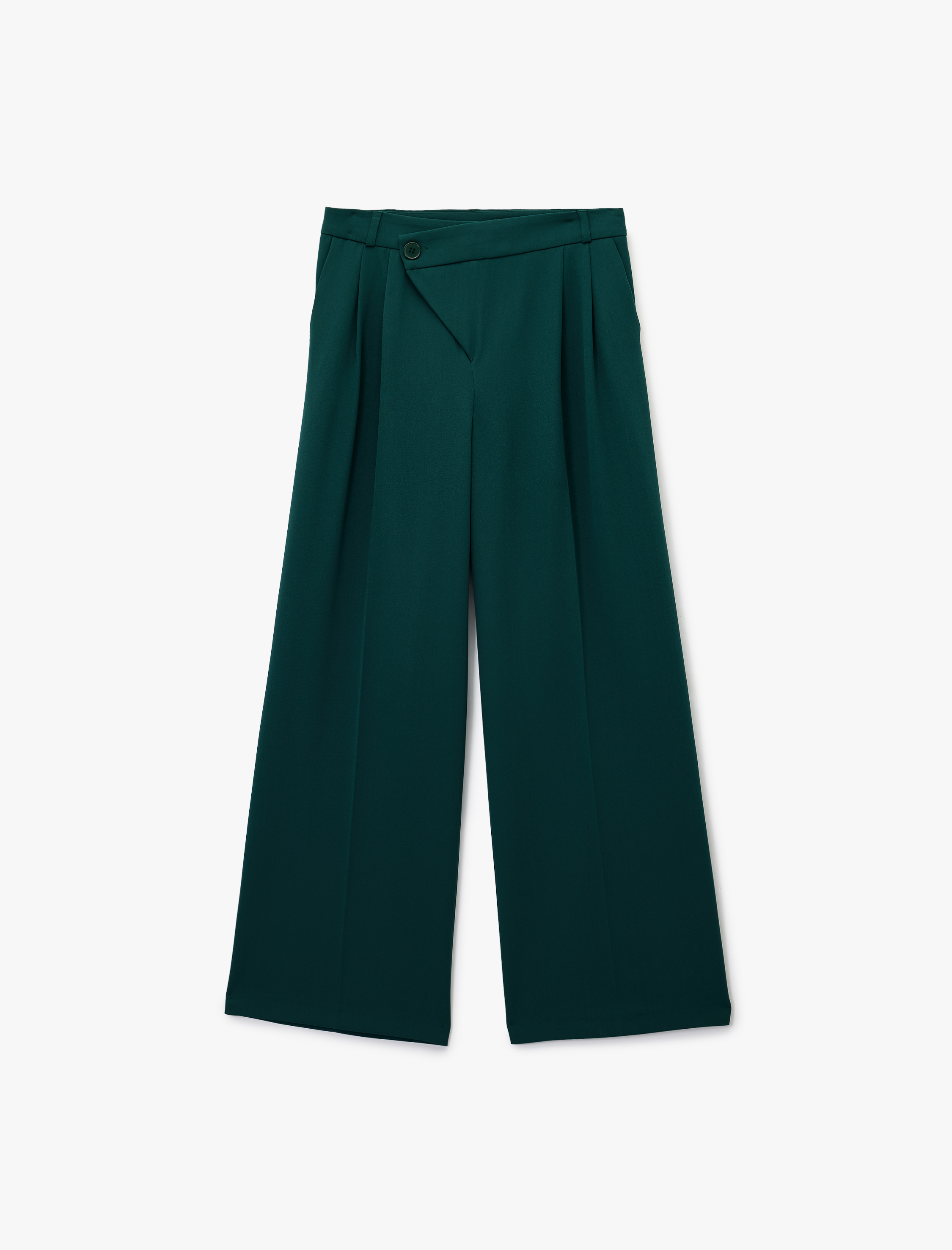   Asimetrik Kapama Detaylı Cepli Pile Detaylı Geniş Paça Kumaş Pantolon