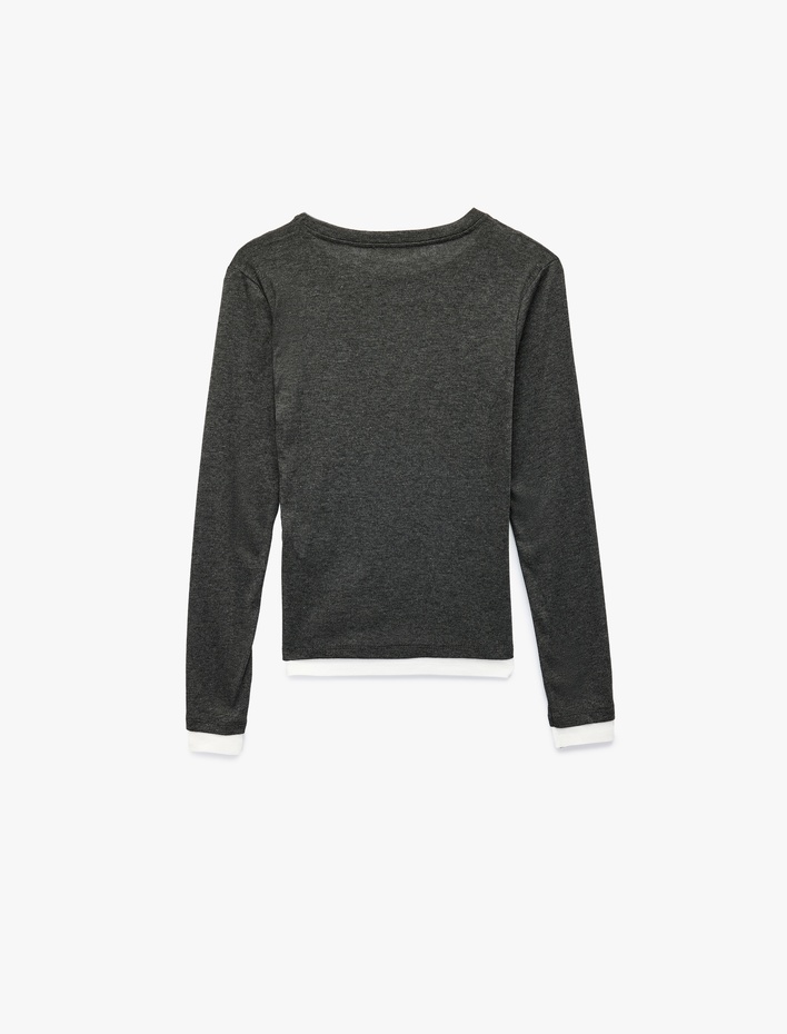  Bisiklet Yaka Biyeli Slim Fit Viskon Karışımlı Uzun Kollu Tişört