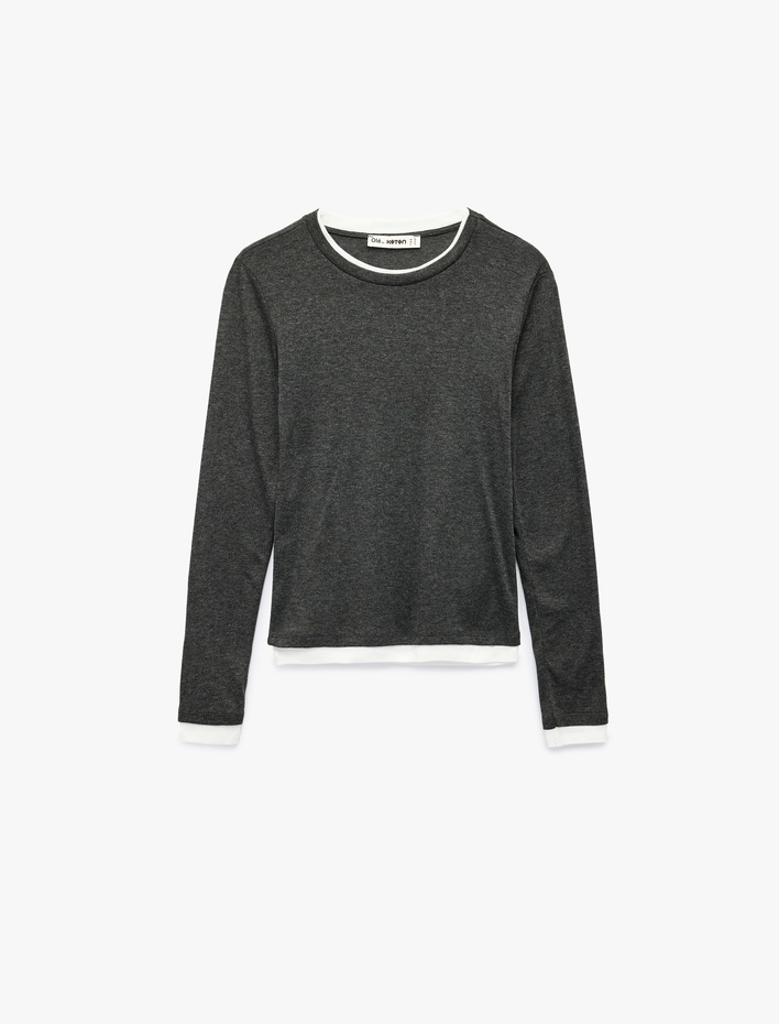  Bisiklet Yaka Biyeli Slim Fit Viskon Karışımlı Uzun Kollu Tişört