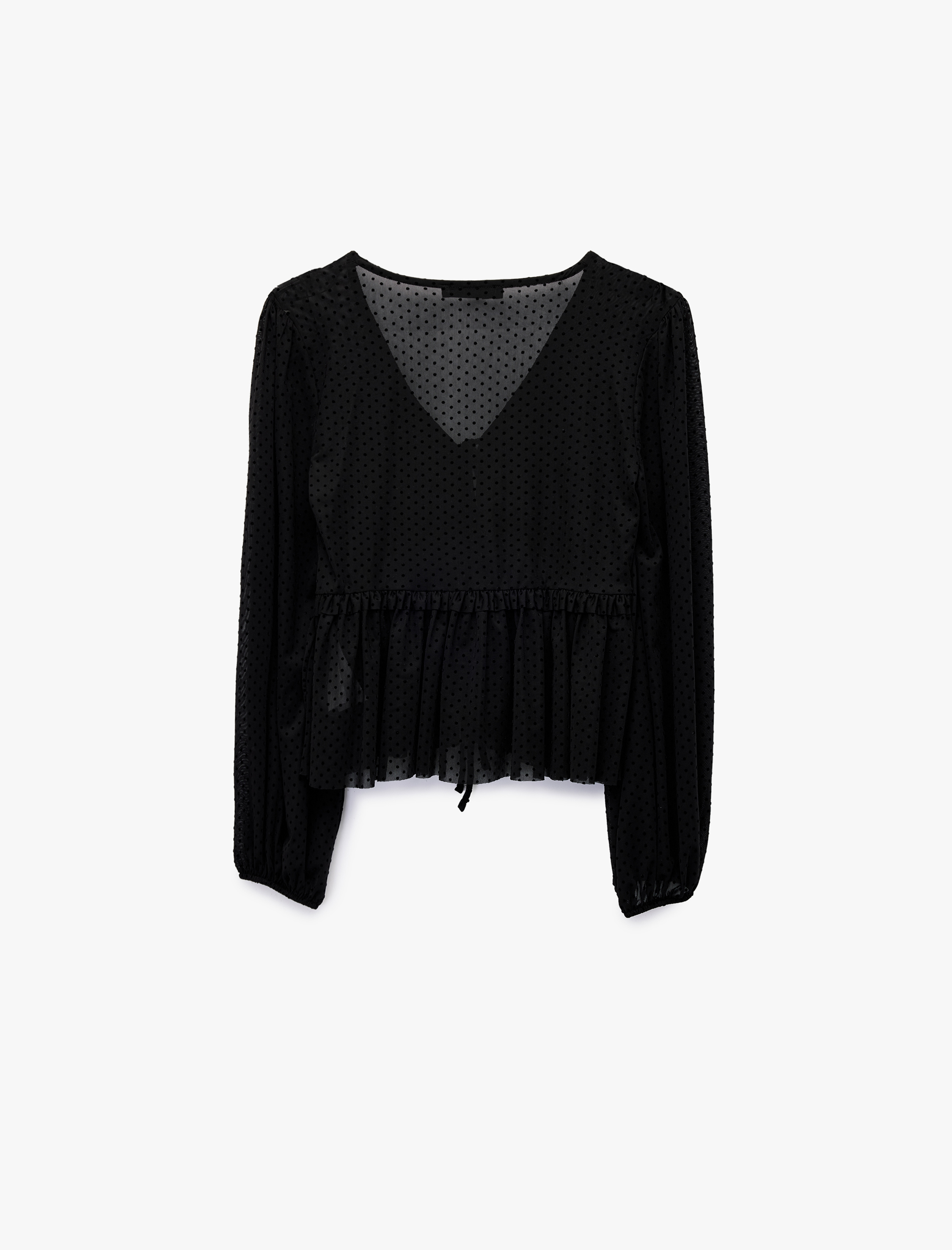   Uzun Kollu Önden Bağlama Detaylı Fırfırlı Puantiyeli Tül Bluz