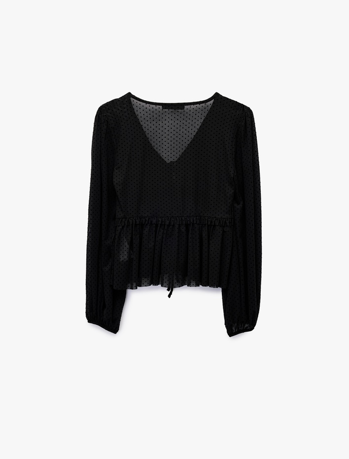  Uzun Kollu Önden Bağlama Detaylı Fırfırlı Puantiyeli Tül Bluz