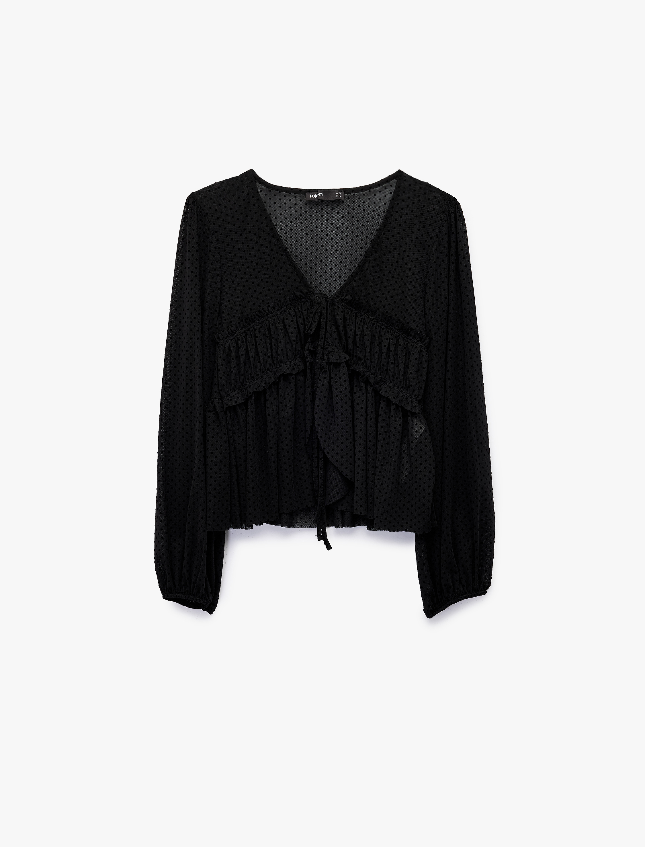   Uzun Kollu Önden Bağlama Detaylı Fırfırlı Puantiyeli Tül Bluz