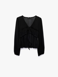 Uzun Kollu Önden Bağlama Detaylı Fırfırlı Puantiyeli Tül Bluz