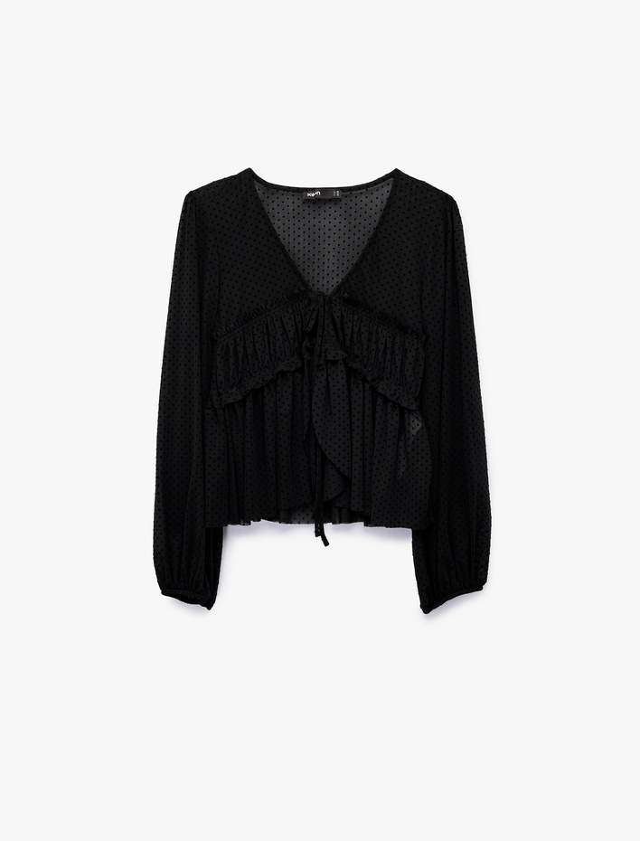  Uzun Kollu Önden Bağlama Detaylı Fırfırlı Puantiyeli Tül Bluz