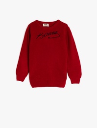 Pamuklu Bisiklet Yaka Atatürk İmzası Baskılı Triko Kazak