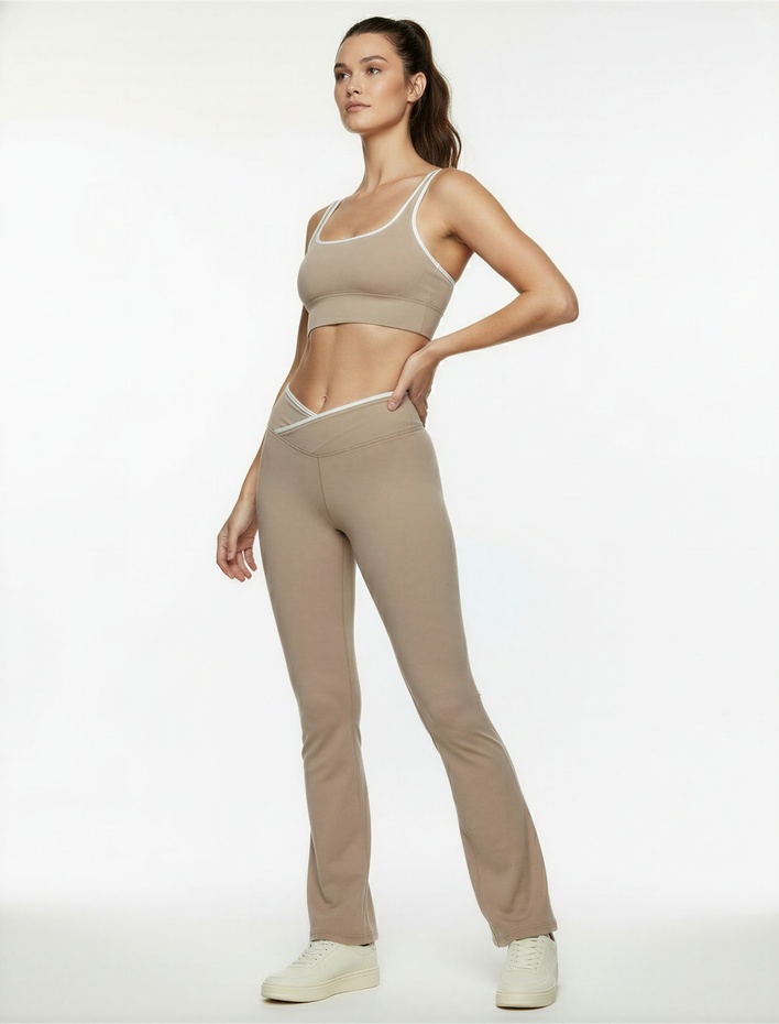  Biyeli Yüksek Bel İspanyol Paça Spor Tayt