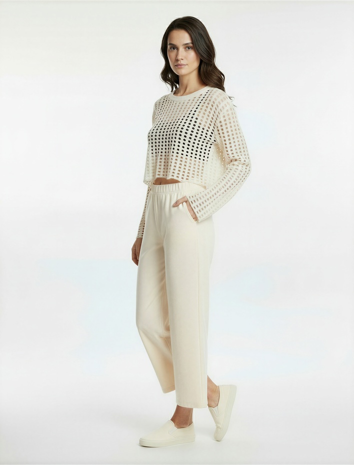  Uzun Kollu Bisiklet Yaka Triko Crop Ajurlu Kazak