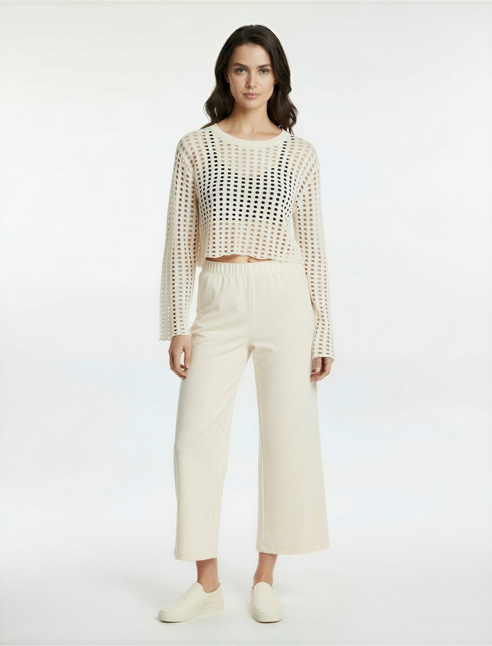  Uzun Kollu Bisiklet Yaka Triko Crop Ajurlu Kazak