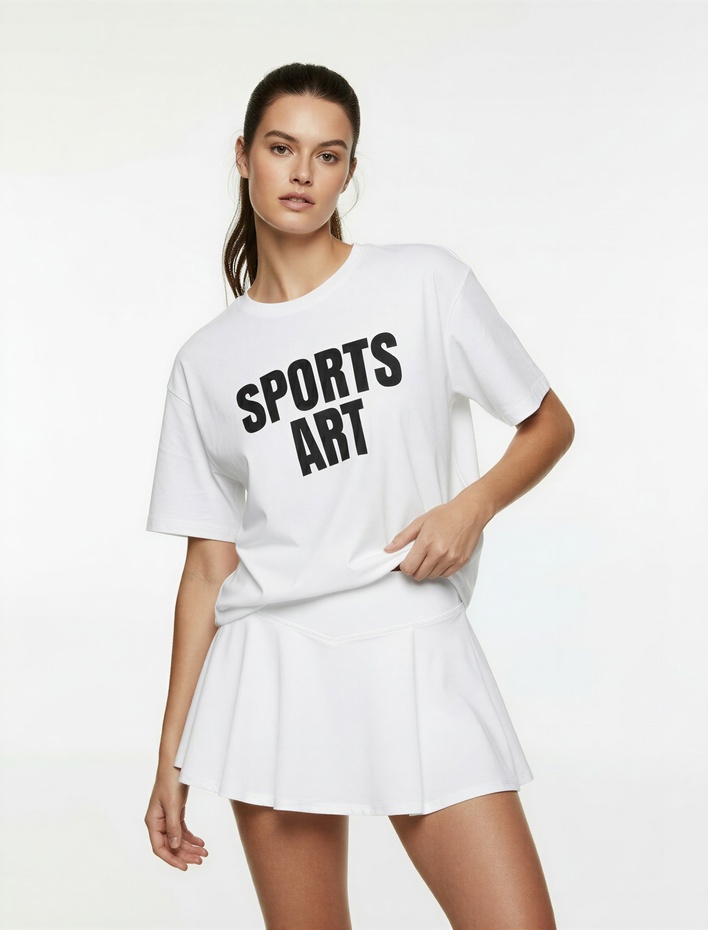  Baskılı Kısa Kollu Oversize Bisiklet Yaka Spor Tişört