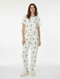 Rahat Kalıp Kısa Kollu Bisiklet Yaka Ayıcık Baskılı Pijama Takımı