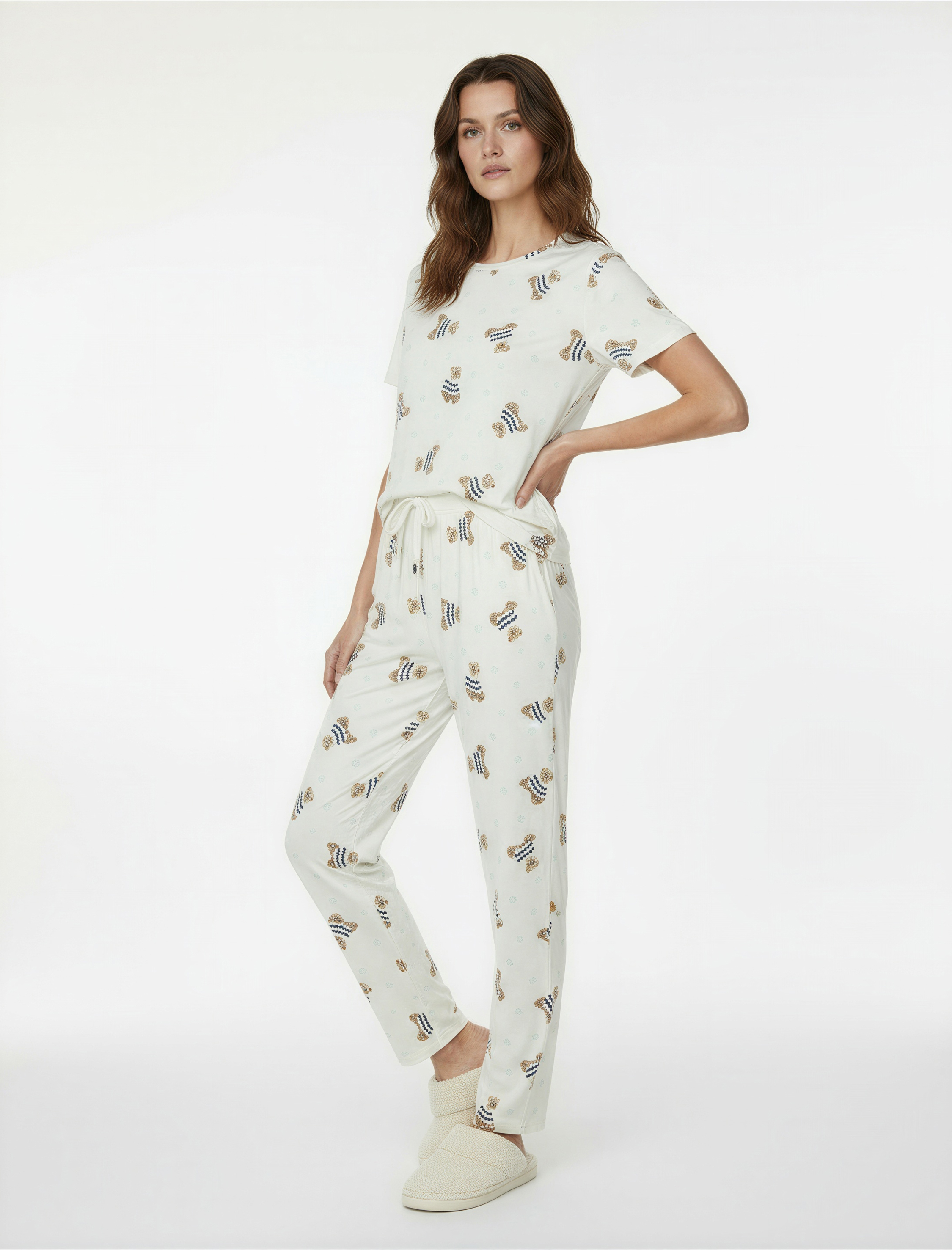   Rahat Kalıp Kısa Kollu Bisiklet Yaka Ayıcık Baskılı Pijama Takımı