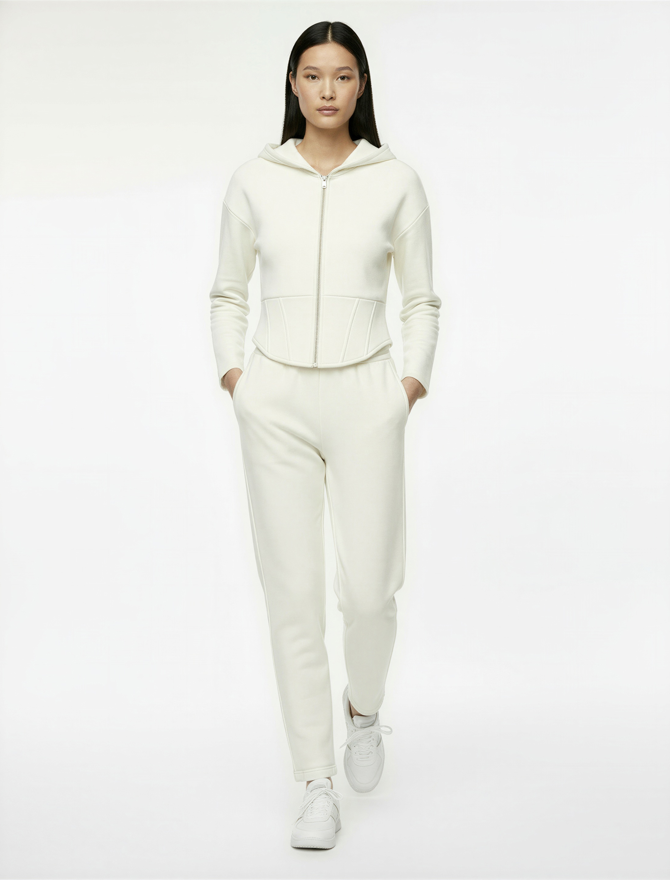   Şardonlu Kapüşonlu Slim Fit Fermuarlı Korse Detaylı Crop Hırka