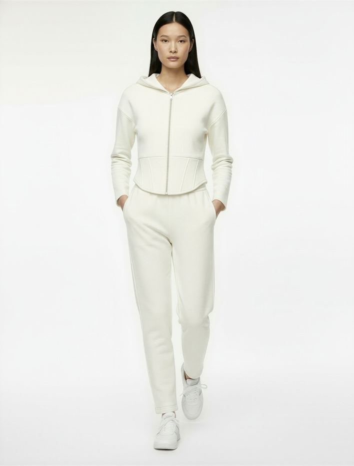  Kapüşonlu Slim Fit Fermuarlı Korse Detaylı Crop Hırka