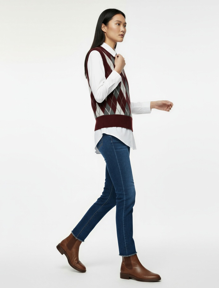  Bisiklet Yaka Kolsuz Triko Baklava Desenli Yelek