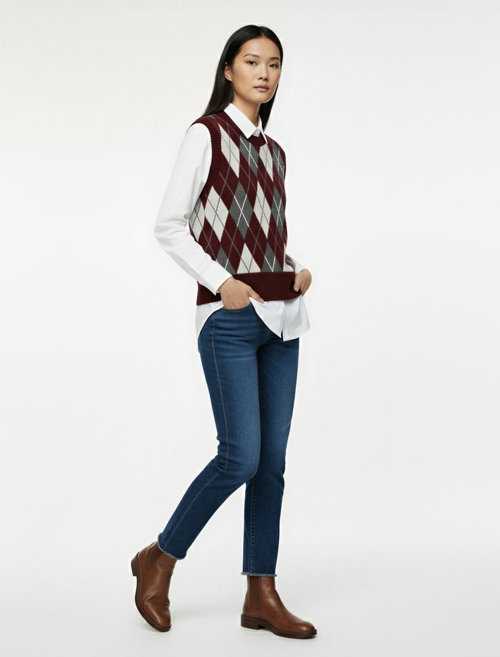  Bisiklet Yaka Kolsuz Triko Baklava Desenli Yelek