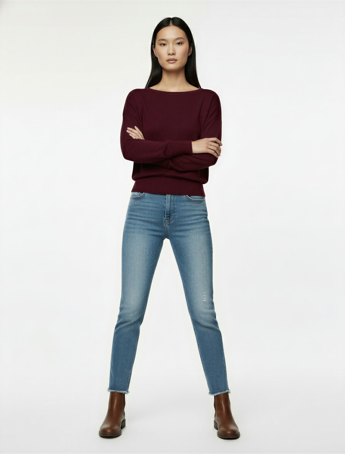  Uzun Kollu Viskon Karışımlı Kayık Yaka Triko Kazak