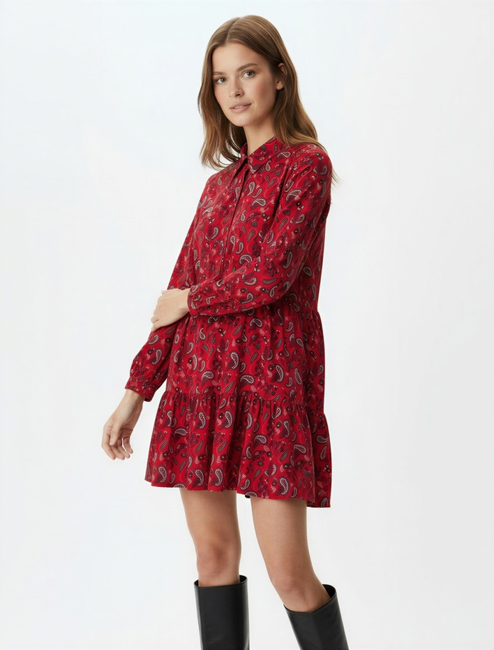  Rahat Kalıp Uzun Kollu Gömlek Yaka Pamuklu Elbise