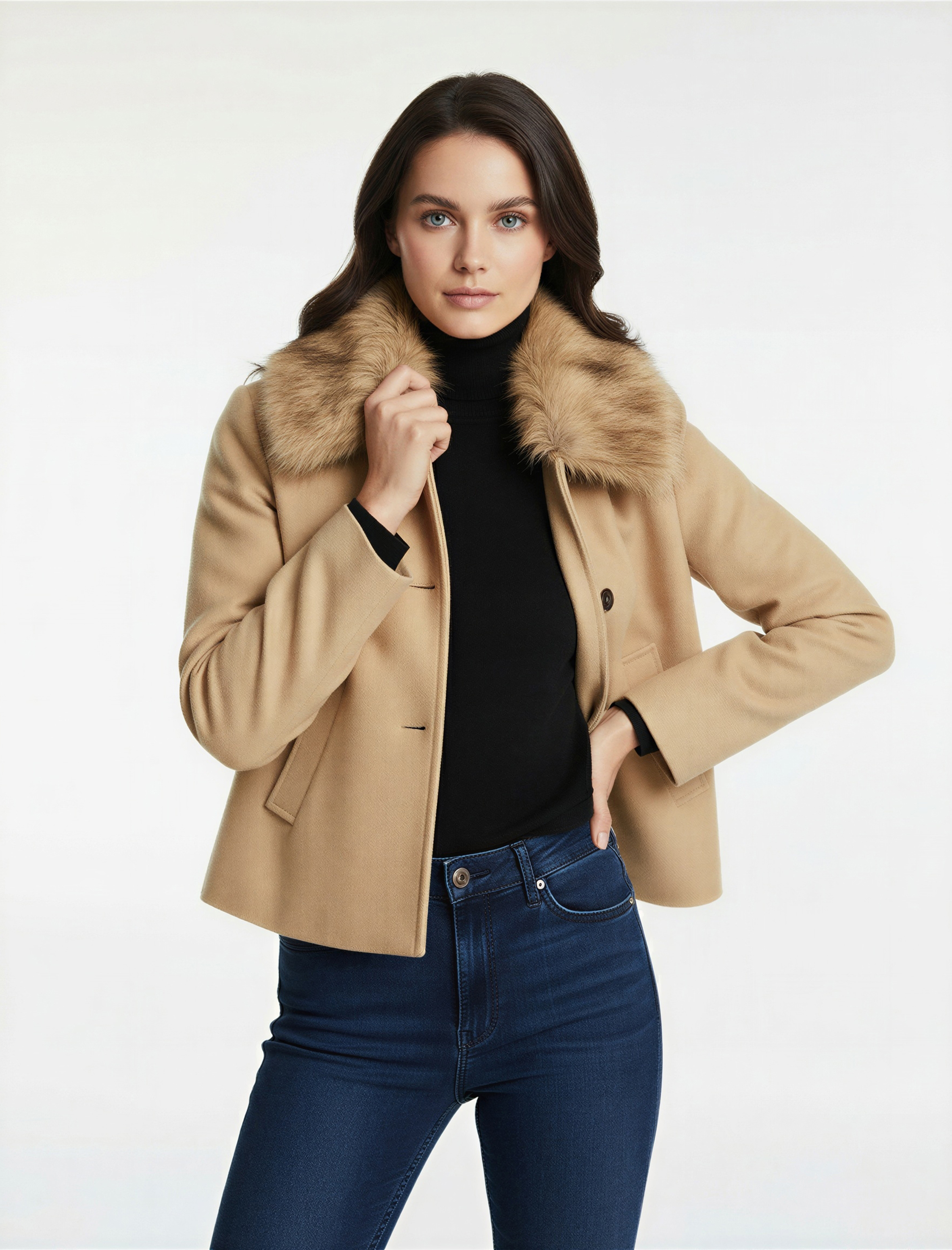   Suni Kürk Yaka Kısa Kaşe Kaban Cepli Uzun Kollu