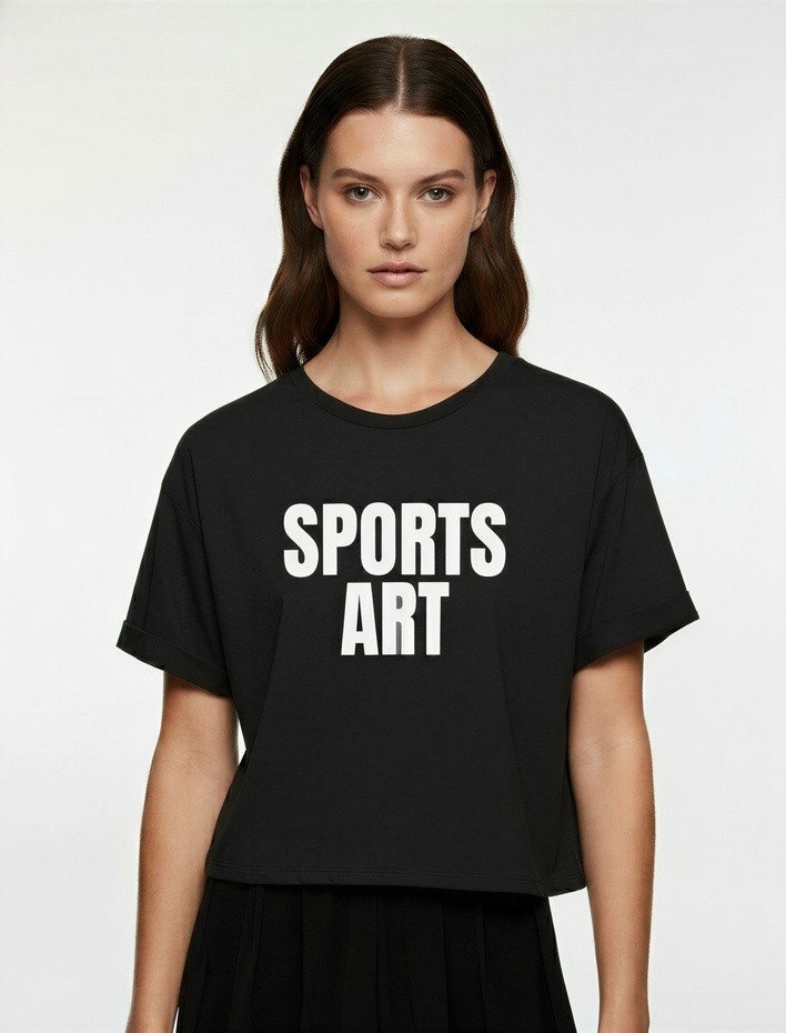  Bisiklet Yaka Kısa Kollu Baskılı Oversize Spor Tişört