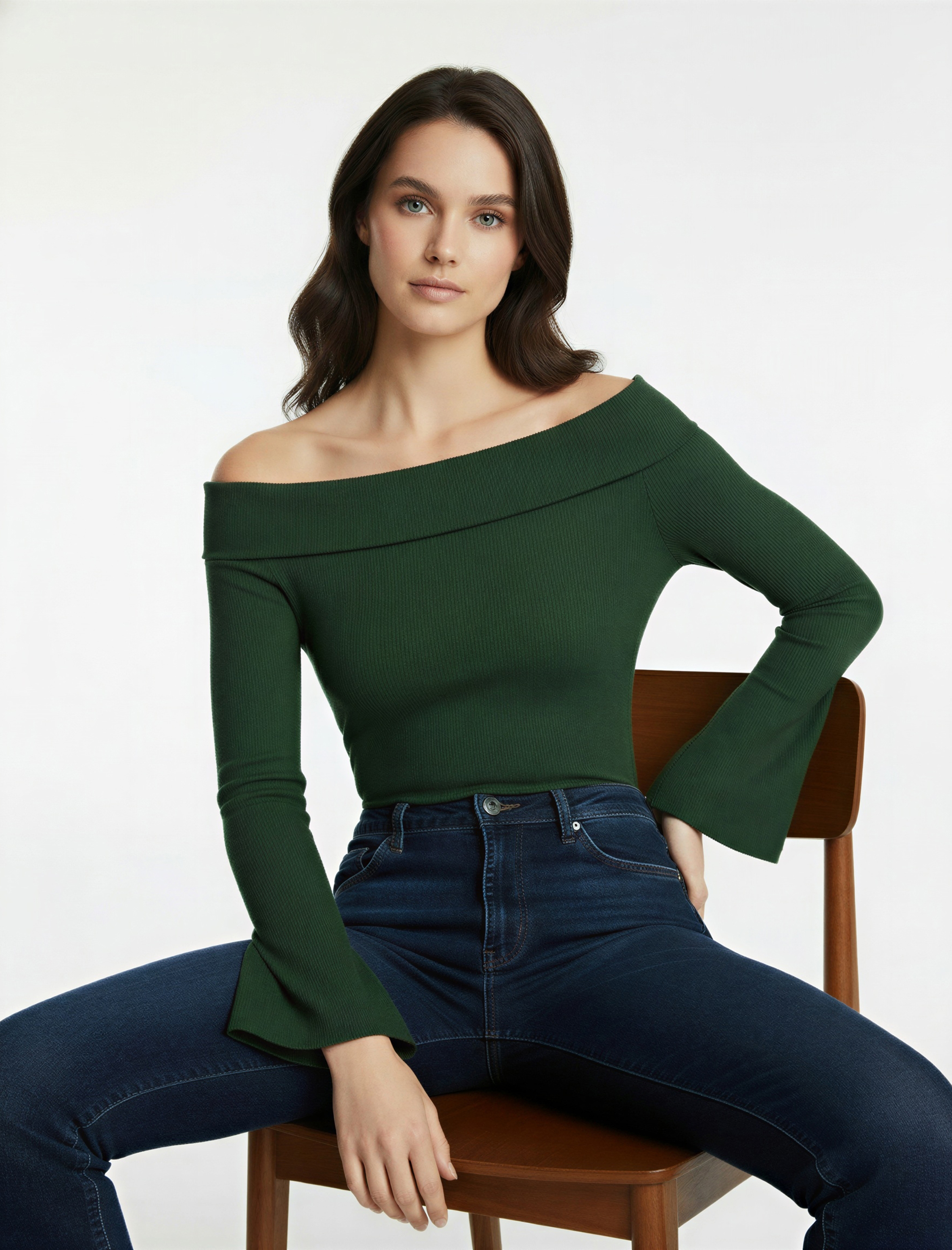   Pamuklu Slim Fit Uzun İspanyol Kollu Omzu Açık Tişört