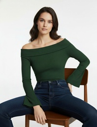 Pamuklu Slim Fit Uzun İspanyol Kollu Omzu Açık Tişört