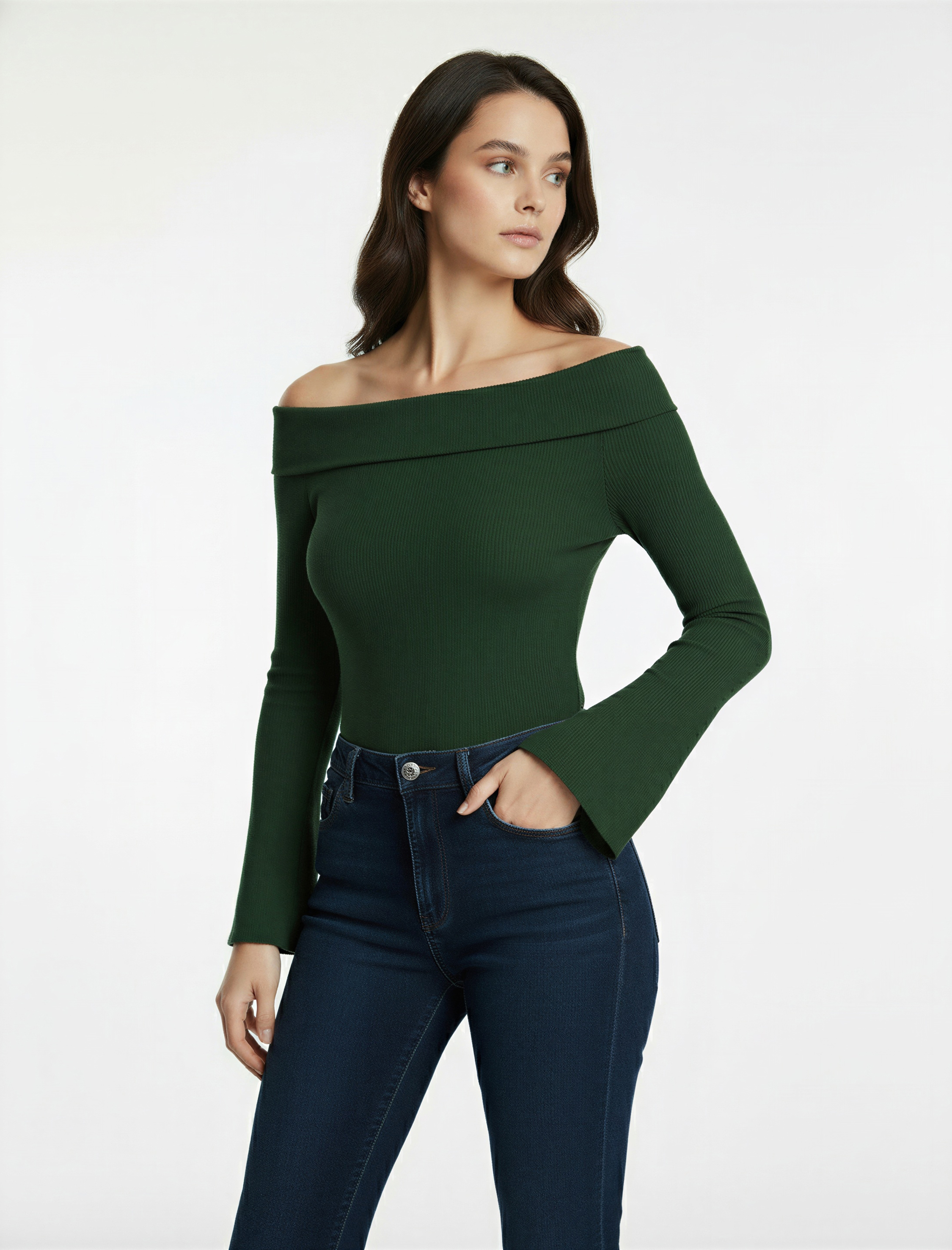   Pamuklu Slim Fit Uzun İspanyol Kollu Omzu Açık Tişört