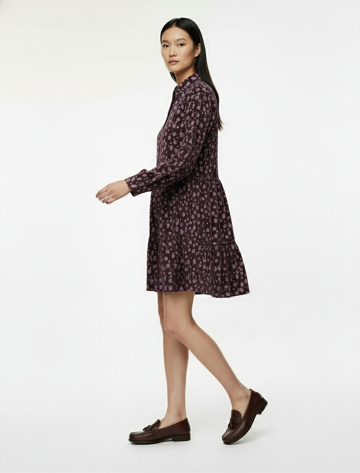  Rahat Kalıp Uzun Kollu Gömlek Yaka Mini Çiçekli Pazen Elbise