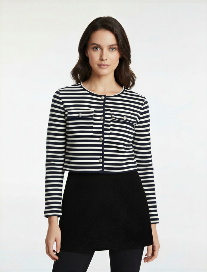  Düğmeli Pamuklu Uzun Kollu Bisiklet Yaka Çizgili Hırka