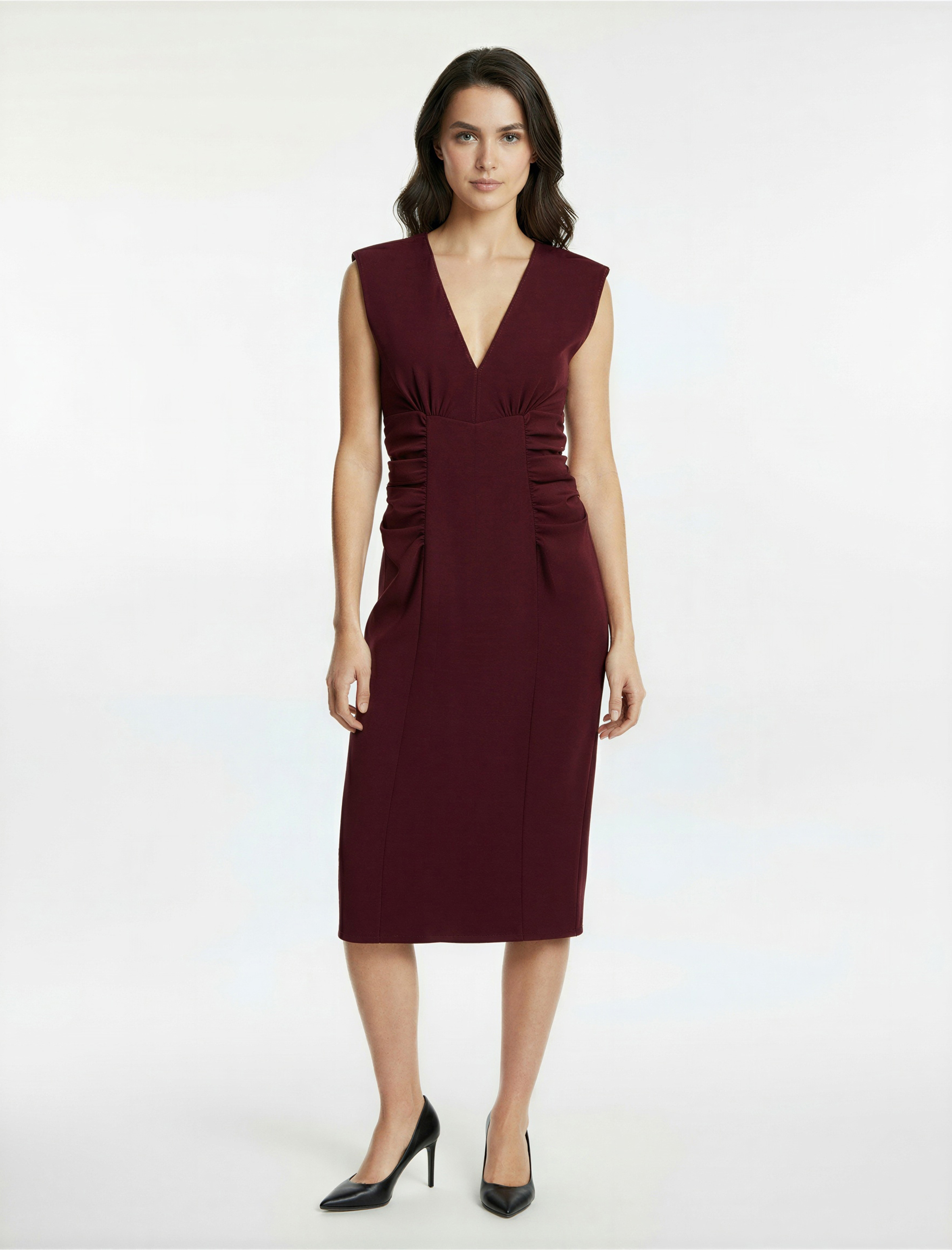   Kolsuz V Yaka Drape Detaylı Uzun Elbise