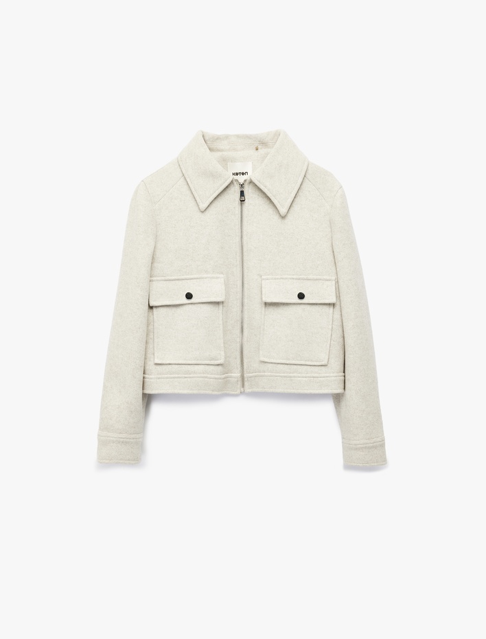  Kısa Kaban Kaşe Cepli Uzun Kollu Fermuarlı