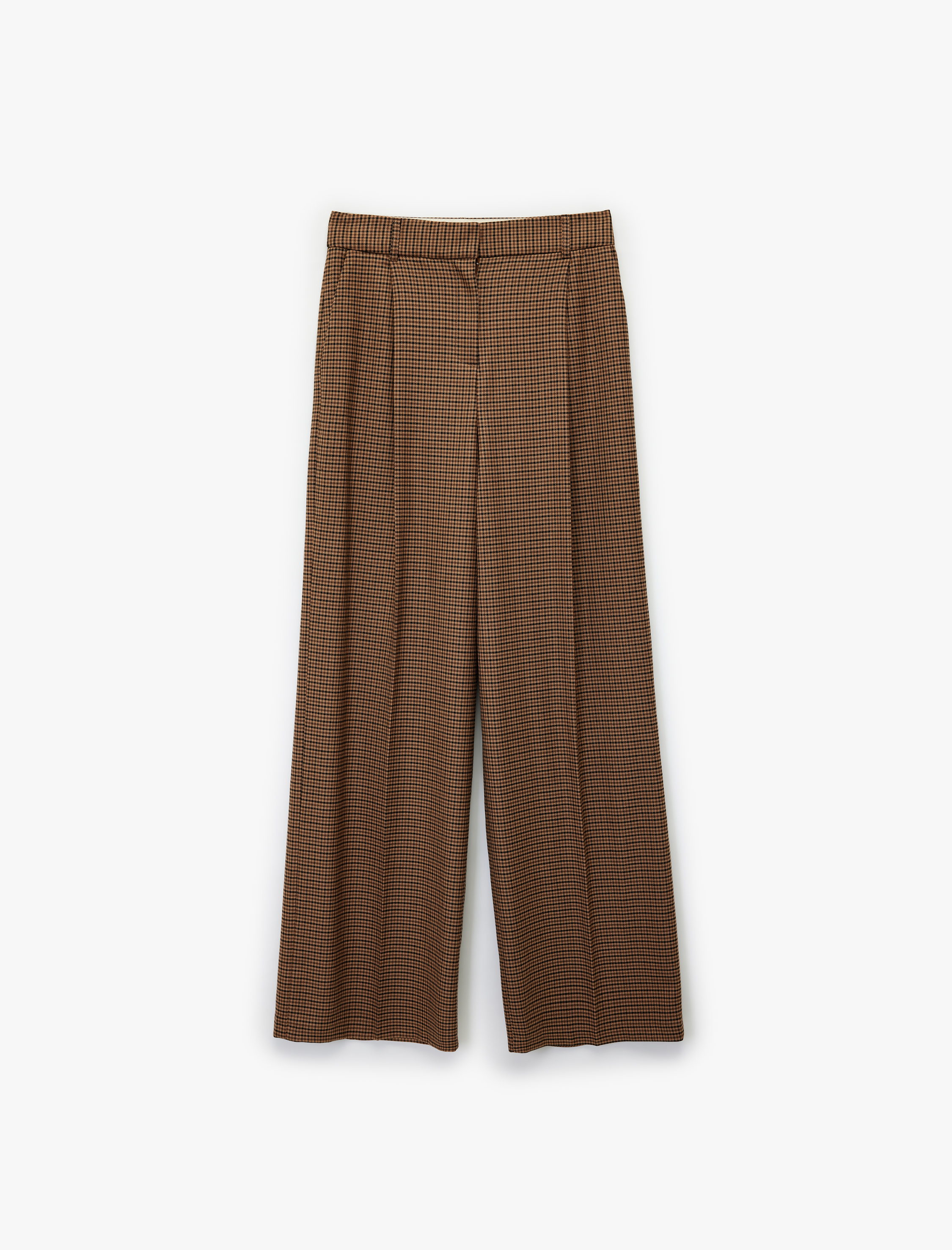   Yüksek Bel Geniş Paça Viskon Karışımlı Ekoseli Pantolon