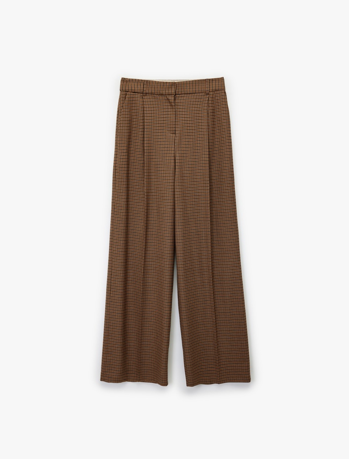  Yüksek Bel Geniş Paça Viskon Karışımlı Ekoseli Pantolon