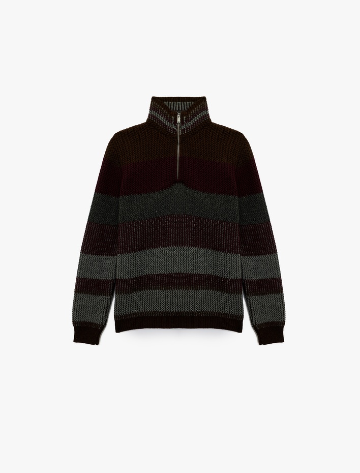  Yarım Fermuarlı Dik Yaka Uzun Kollu Triko Kazak