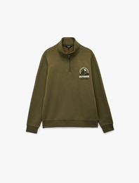 Baskılı Yarım Fermuarlı Şardonlu Uzun Kollu Dik Yaka Sweatshirt