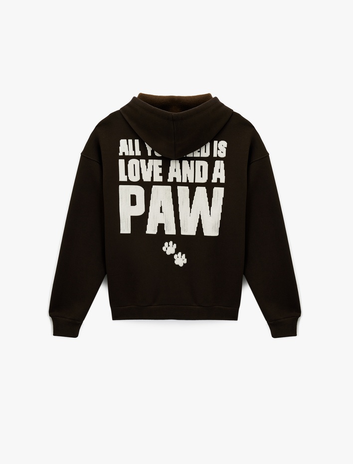  Kapüşonlu Fermuarlı Arkası Kedi Baskılı Kanguru Cepli Oversize Sweatshirt